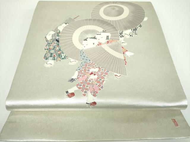 平和屋着物●加賀友禅の巨匠 初代 由水十久 西陣 長嶋成織物 ながしま帯 太鼓柄袋帯 傘 瀞銀錦 正絹 逸品 DABB4289ps