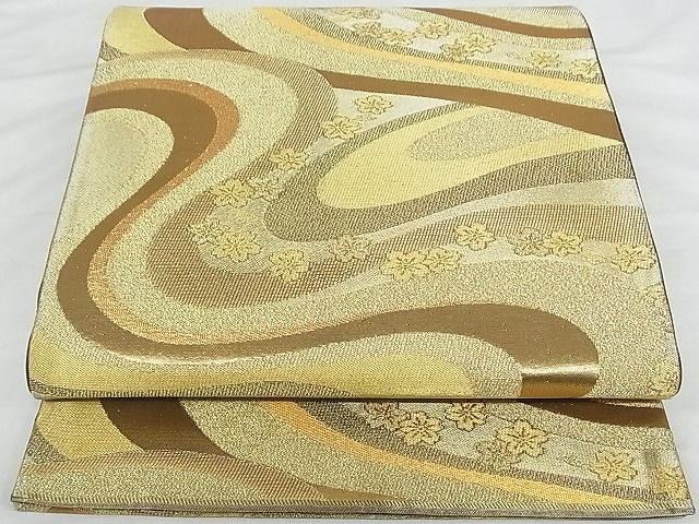 平和屋着物■六通柄袋帯 流水花文 金糸 正絹 逸品 A-gk1454