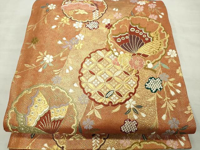 平和屋着物◎六通柄袋帯　唐織　雪輪重ね舞蝶花文　金糸　正絹　逸品　CAAU0919yk