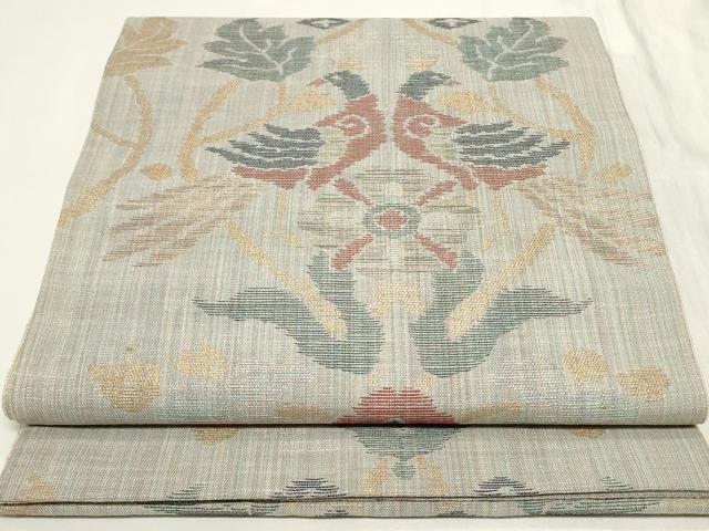 平和屋着物◎六通柄袋帯　紬地　双鳥草花文　金糸　正絹　逸品　CAAY8969in