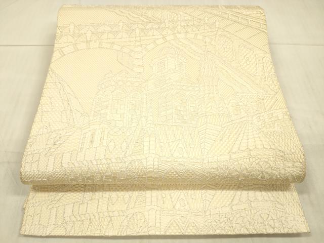 平和屋着物●八寸名古屋帯 風景文 銀糸 正絹 逸品 DAAX0235cm