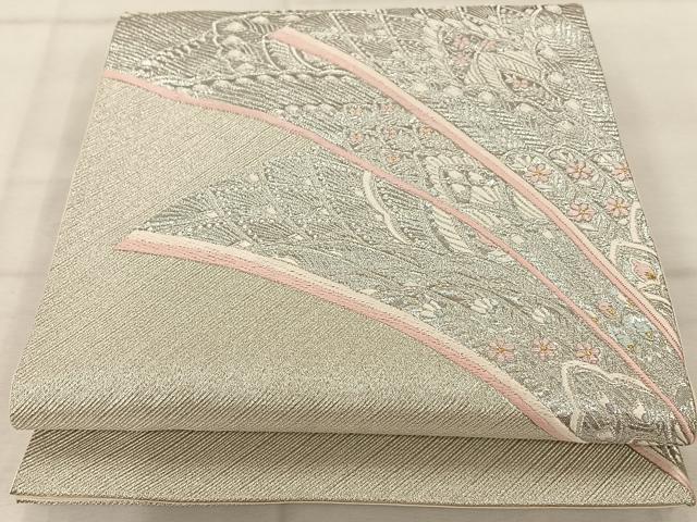 平和屋着物◎六通柄袋帯　唐織　孔雀羽文　銀糸　正絹　逸品　AABA3690tn