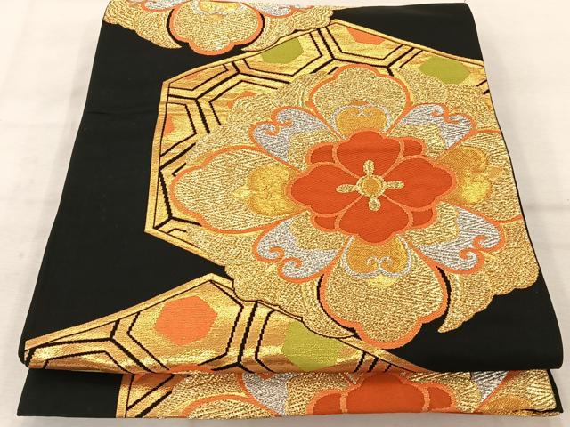 平和屋着物◎六通柄袋帯　唐織　亀甲花文　黒地　金銀糸　正絹　逸品　AABA3712tn
