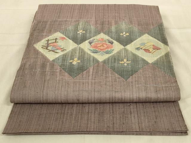 平和屋着物◎太鼓柄袋帯　紬地　花菱文　金糸　正絹　逸品　AABA6896ou