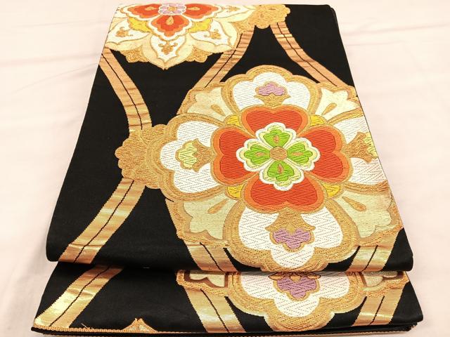 平和屋着物◎六通柄袋帯　唐織　立涌花文　黒地　金糸　正絹　逸品　BAAV1466hv