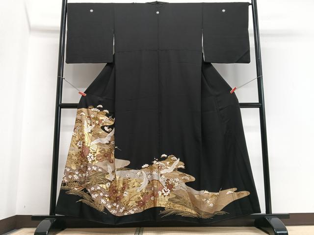 平和屋着物■豪華黒留袖　飛鶴花文　金彩　正絹　逸品　CABB9108xe