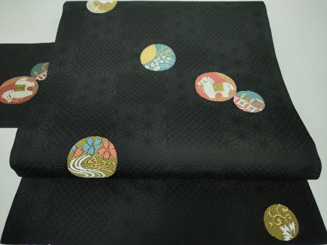 平和屋着物○九寸名古屋帯 玩具文 猫 ねこ 留紺色 鬼しぼ縮緬 正絹