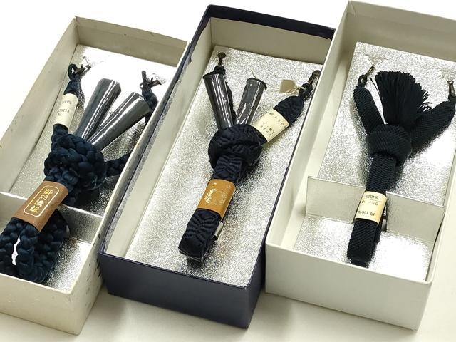 平和屋着物▼男性　和装小物　羽織紐3点　紺色系　切り房・撚り房　逸品　未使用　AABM6975ay