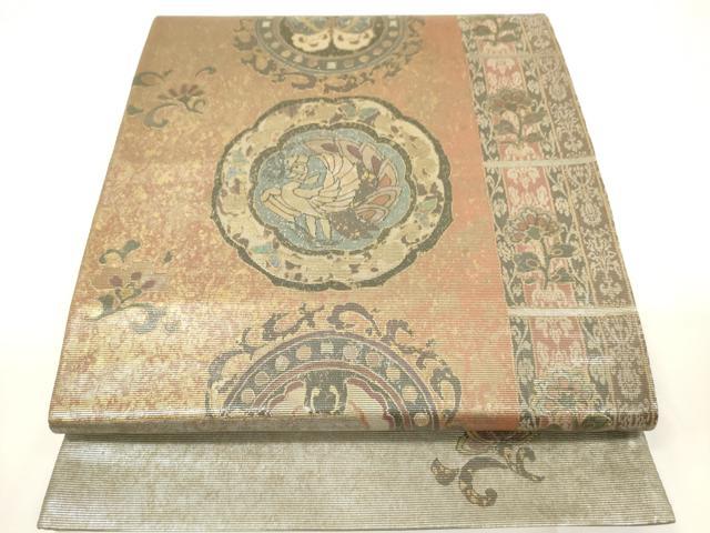 平和屋着物▼太鼓柄袋帯　螺鈿箔　正倉院花蝶鳥文　金銀彩　引箔　正絹　逸品　未使用　CAAW1849ak