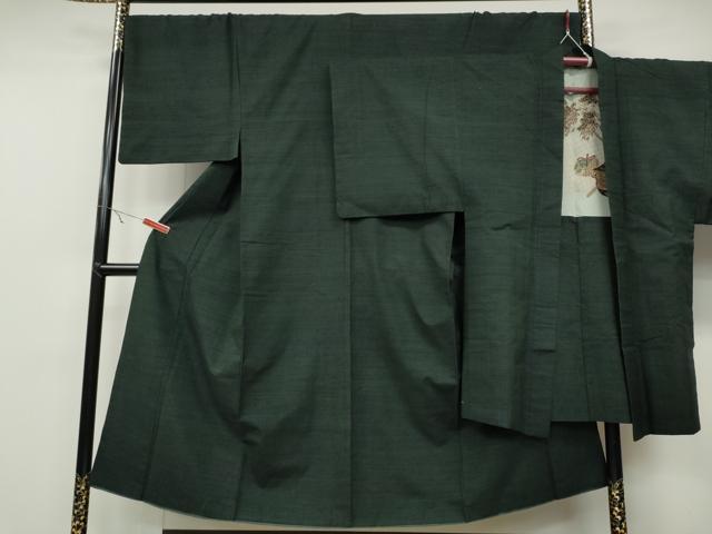 平和屋着物●男性　紬　アンサンブル　色無地　黒緑色　正絹　逸品　CABC2159ut