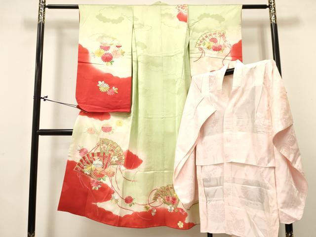 平和屋着物[]七五三　女の子　7歳　祝着　四つ身　長襦袢(無双仕立て)セット　駒刺繍　檜扇花文　暈し染め　金銀糸　逸品　DABA3817ma