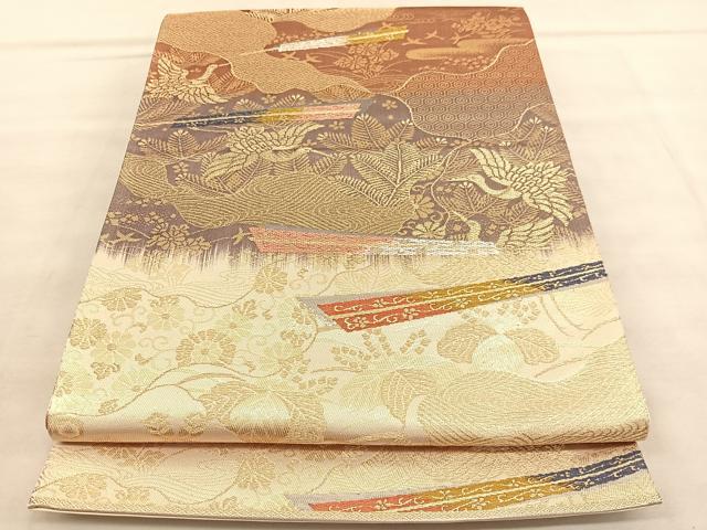 平和屋着物◎六通柄袋帯　唐織　扇飛鶴松桐文　プラチナ二重織　正絹　逸品　BAAV1522hv