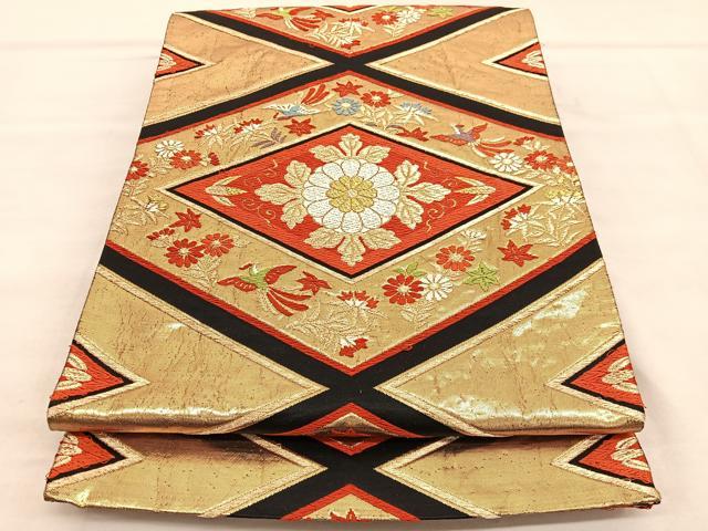 平和屋着物◎六通柄袋帯 唐織 都緞子 花菱文 黒地 金糸 正絹 逸品 BAAV1530hv