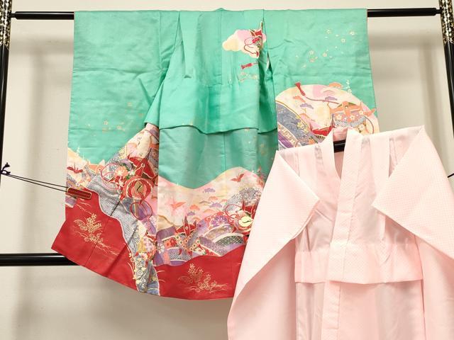 平和屋着物[]七五三　女の子　3歳　祝着　三つ身　長襦袢(単衣)セット　折り鶴　糸車飛鶴花文　金彩　..