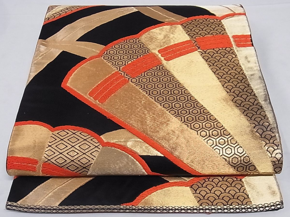 平和屋着物■六通柄袋帯　扇面吉祥文　黒地　金糸　正絹　逸品　A-sx6699