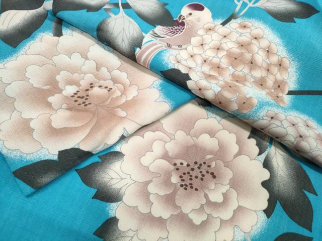 Female Yukatas - 平和屋着物∴夏物　撫松庵　小紋・浴衣兼用　セオアルファ　休み鳥牡丹花文　洗える着物　逸品　CABE9058ng