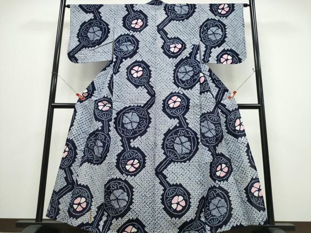 平和屋着物∴夏物　浴衣　有松鳴海絞り　団扇花文　綿　逸品　CABE8955ng