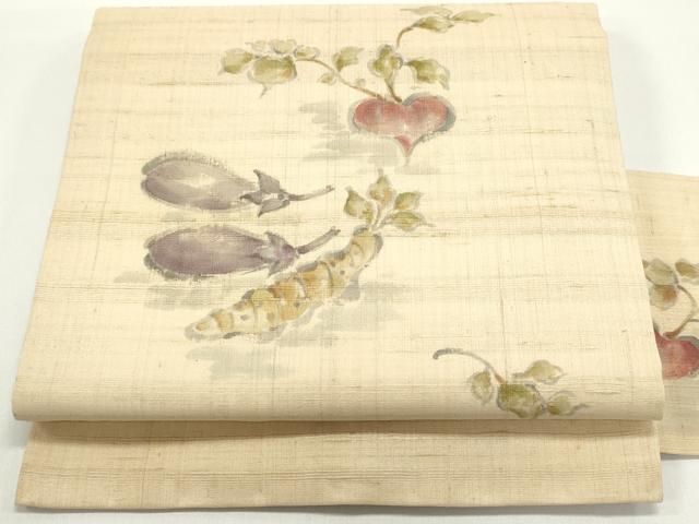 平和屋着物●九寸名古屋帯　手描き　生紬　成り物　鳥の子色　逸品　DAAW6685ob