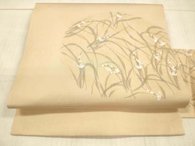 平和屋着物●塩瀬　九寸名古屋帯　手描き　草花文　金糸　正絹　逸品　DAAX5616cm