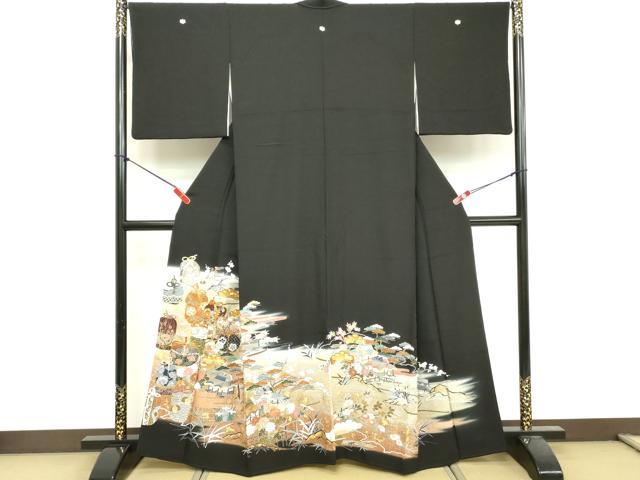 Full-Length Under-Kimono - 平和屋着物■豪華黒留袖　駒刺繍　貝桶花文　暈し染め　金彩　正絹　逸品　DABF4515cd