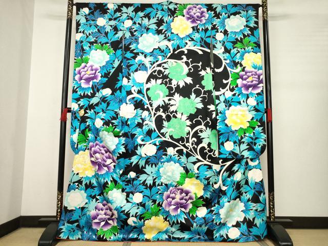 平和屋着物●豪華振袖 駒刺繍 花唐草文 黒地 銀彩 正絹 逸品 AABB3807ck