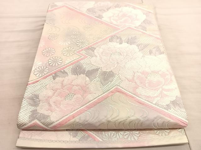 平和屋着物◎六通柄袋帯　唐織　松皮菱牡丹花文　銀糸　正絹　逸品　BAAV8521hv