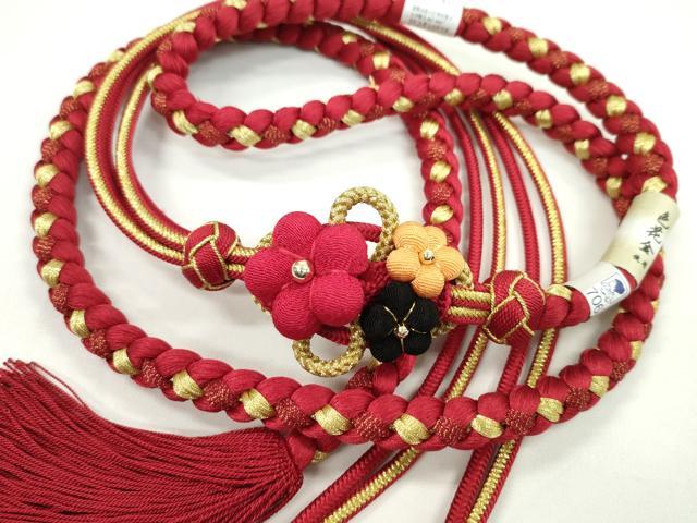 平和屋着物●和装小物　振袖用帯締め　ちりめん花飾り　梅　本紅色　色花金　小田巻き　金糸　撚り房　逸品　未使用　CAAW4111ju(4)