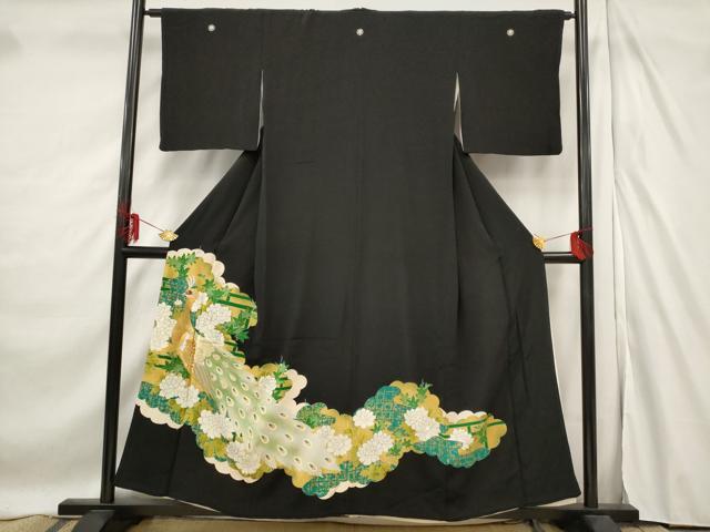 平和屋着物■豪華黒留袖　雲取り孔雀花文　金彩　金銀糸　正絹　逸品　AABF3363st