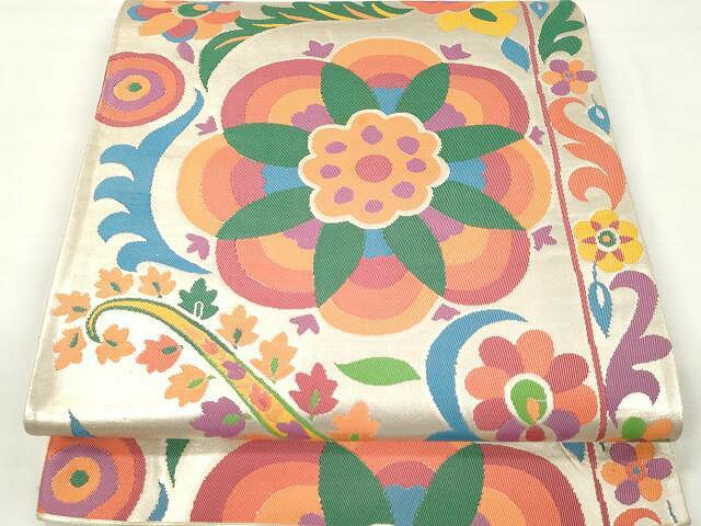 平和屋着物▼六通柄袋帯　更紗舞花文　銀糸　引箔　正絹　逸品　CAAX0711yk