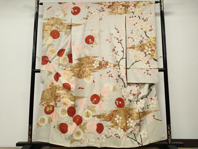 乐天商城 - 平和屋着物●アンティーク　大正ロマン　振袖　駒刺繍　松皮菱枝花文　金彩　正絹　逸品　CABB6306ut