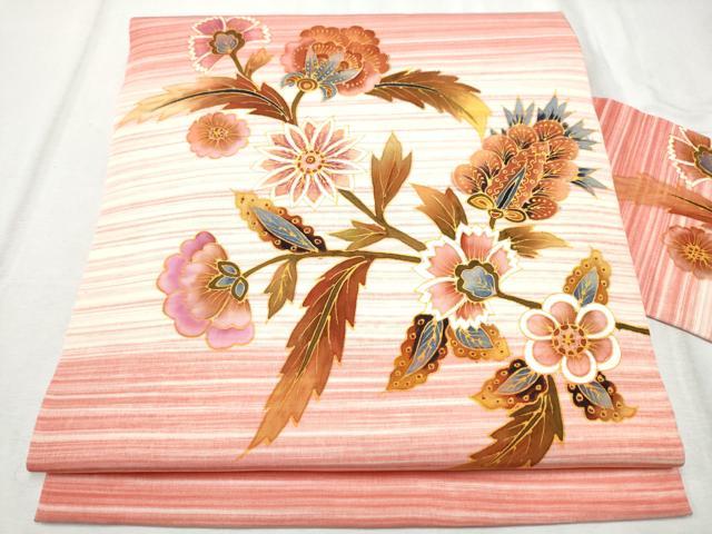 Rakuten - 平和屋着物●塩瀬　九寸名古屋帯　更紗花文　正絹　逸品　CABD0605hy