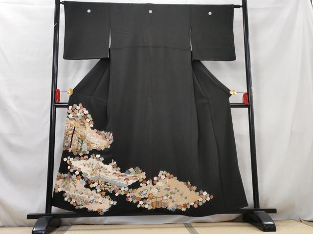 平和屋着物■豪華黒留袖 駒刺繍 草花文 金彩 正絹 逸品 AABA0761mw