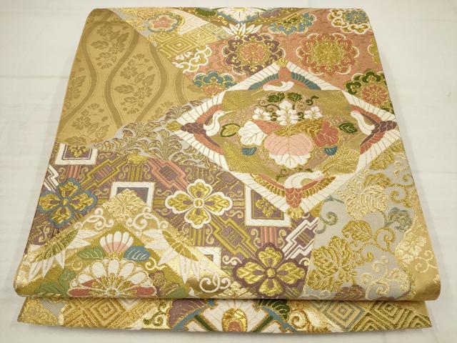 平和屋着物▼六通柄袋帯　唐織　吉祥花鳥菱文　金糸　正絹　逸品　AABB9571wj
