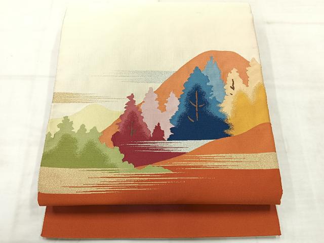 平和屋着物◎綴れ　八寸名古屋帯　遠山風景花文　金銀糸　正絹　逸品　AABE3148uk