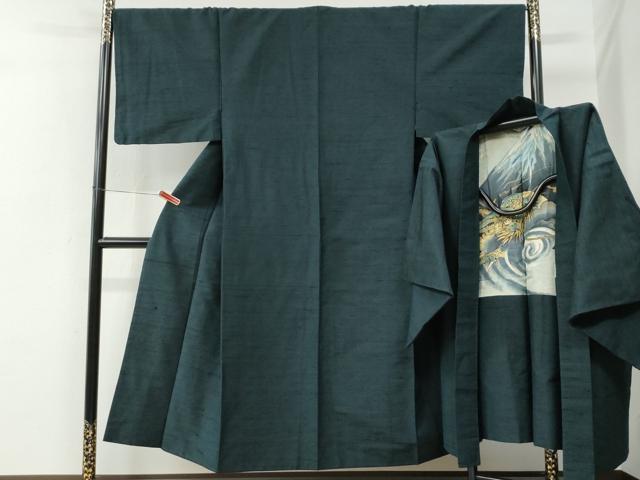 Kimono Set - 平和屋着物●男性　紬　アンサンブル　色無地　褐返色　羽裏：富士山・鷹　正絹　逸品　CABE2747yc