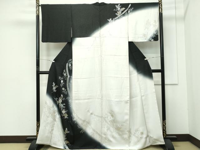 平和屋本店●極上　訪問着　花唐草文　暈し染め　黒地　銀通し地　逸品　CZAA4407s6