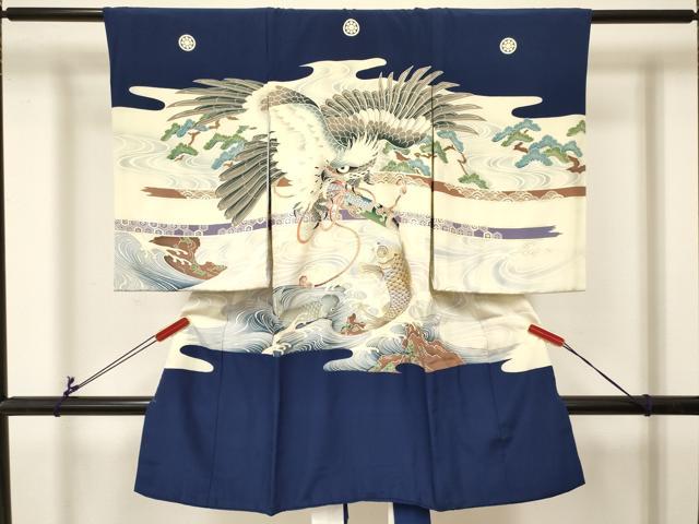 平和屋着物[]お宮参り　男の子　祝着　産着　初着　のしめ　鷹　鷲　鯉　立波絵巻花松文　暈し染め　金銀彩　逸品　DABC5049ma