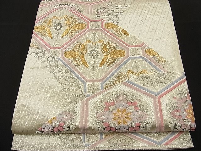 平和屋着物■六通柄袋帯　唐織　向かい鶴有職花文　プラチナ箔　二重織　逸品　n-ne1407