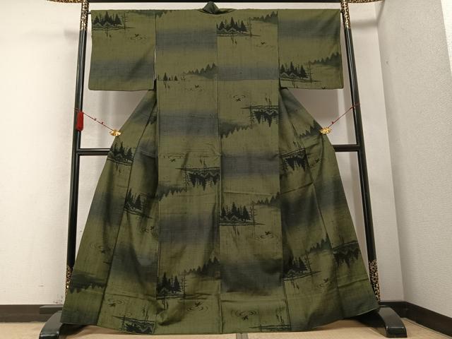 平和屋着物●上質な紬　水辺樹林　鳥　正絹　逸品　AABB2931ph