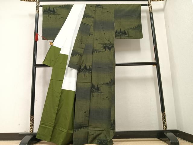平和屋着物●上質な紬　水辺樹林　鳥　正絹　逸品　AABB2931ph