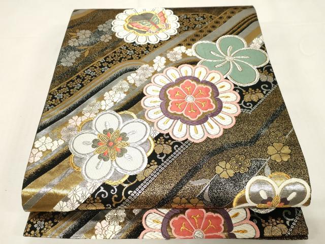 平和屋着物▼六通柄袋帯　唐織　新六通優都里　花蝶文　黒地　金銀糸　正絹　逸品　CABE9244dy