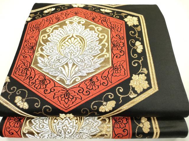 平和屋着物◎六通柄袋帯　都緞子　亀甲花文　黒地　金銀糸　正絹　逸品　DABA6592op