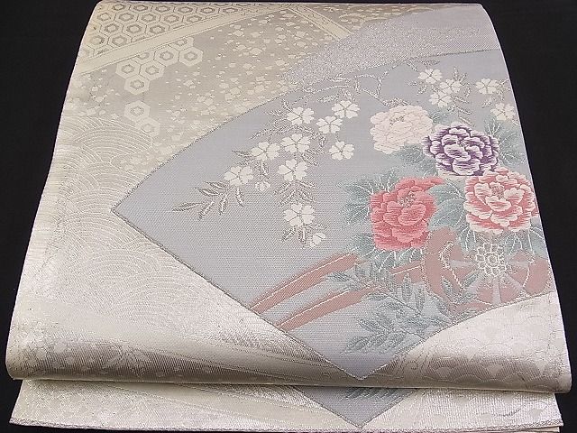 平和屋着物■六通柄袋帯　唐織　花車扇面華文　銀糸　逸品　n-pk1986