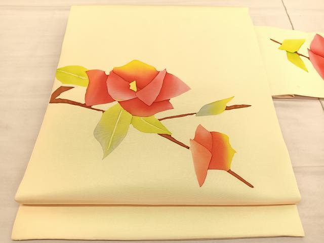 平和屋着物◎塩瀬　九寸名古屋帯　椿　正絹　逸品　BAAV5185hv