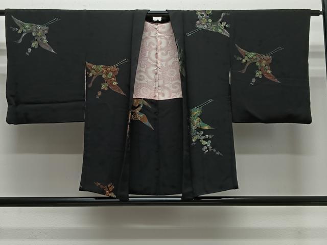 Kimono - 平和屋着物＃羽織　寿光織　飛鶴花文　黒地　金銀糸　正絹　逸品　CABE4936ua