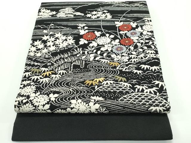 Rakuten - 平和屋本店■極上　九寸開き名古屋帯　刺繍　御所解文　黒地　金糸　鬼しぼ縮緬　逸品　CZAA4159s5