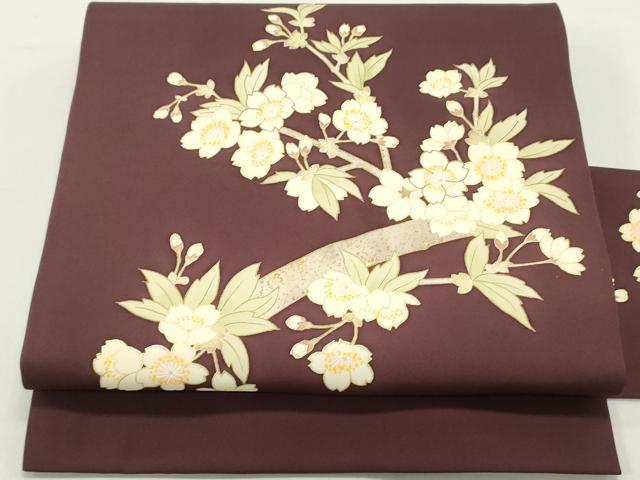 平和屋着物●塩瀬　九寸名古屋帯　駒刺繍　枝桜文　紫鳶色　金彩　高島屋扱い　正絹　逸品　DAAY0150ob