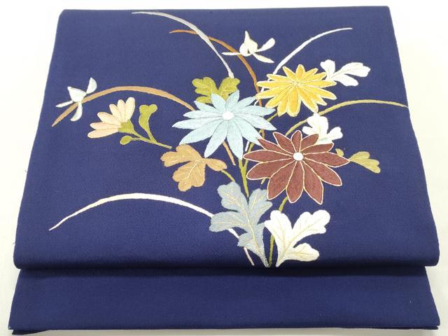 平和屋着物●九寸開き名古屋帯　駒刺繍　総刺繍　草花文　鉄紺色　鬼しぼ縮緬　正絹　逸品　DAAY0184ob
