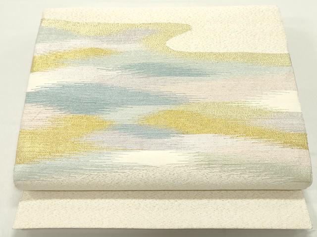 平和屋着物●爪掻き本綴れ　八寸名古屋帯　霞文　薄卵色　金銀糸　正絹　逸品　DAAY0188ob