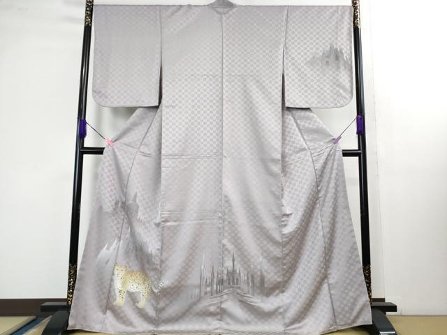 平和屋本店■極上　訪問着　手描き　チーター　城　スパンコール　藤色地　銀彩　逸品　未使用　DZAB141..